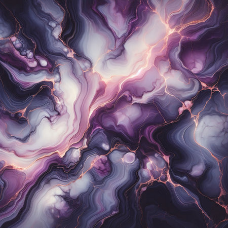 abstract background with a texture resembling marble or agate. Purple, white, and gray shades with golden streaks predominate, creating an effect of illumination and depthの素材
