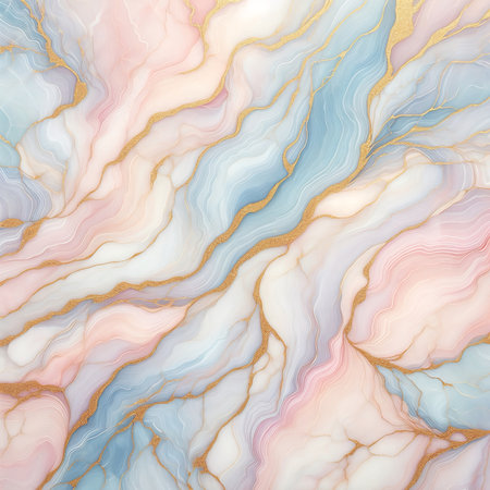 abstract drawing with elements reminiscent of marble and watercolor, with delicate pink and blue tones, decorated with golden patterns, creating an atmosphere of elegance and sophisticationの素材