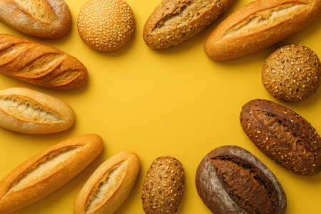 A variety of breads, including a long white loaf, dark rye bread, and round rolls set against a bright yellow background with an empty space in the centerの素材
