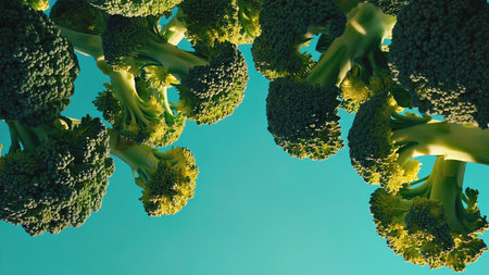 a few fresh pieces of broccoli float on a turquoise background. The different sizes of the flowers create an interesting composition, emphasizing the health and freshness of this vegetableの素材