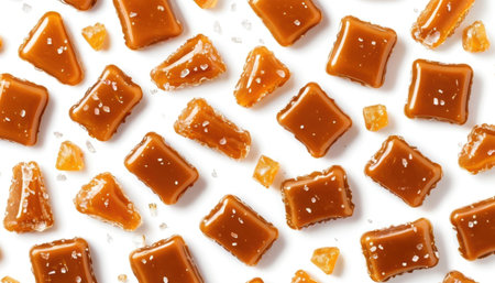a pattern of rectangular caramel candies on a white background. The candies are brown, shiny, with white glaze and salt crystals, creating an appetizing appearanceの素材