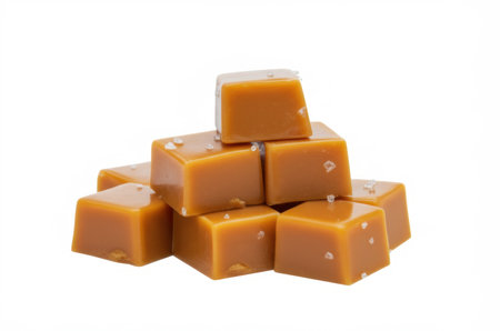 a pyramid of salted caramel candies, square in shape, light brown in color with salt particles on top, creating an appetizing appearance on a white backgroundの素材