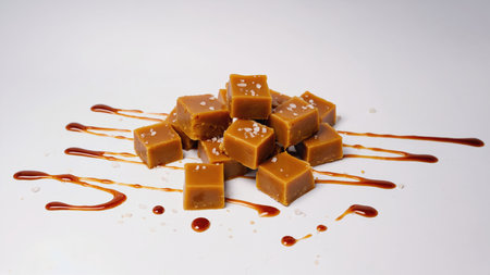 salted caramels with a shiny surface, decorated with golden sauce, create an appetizing and attractive impression, ideal for a sweet treatの素材