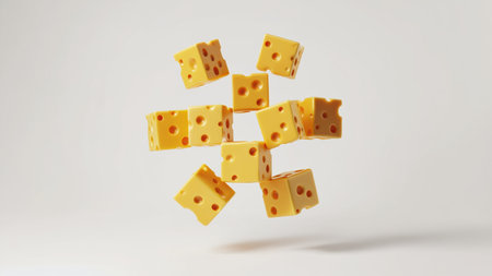 Cubes of yellow cheese with holes are placed on a white background, randomly arranged in various orientations, creating the effect of a floating composition.の素材