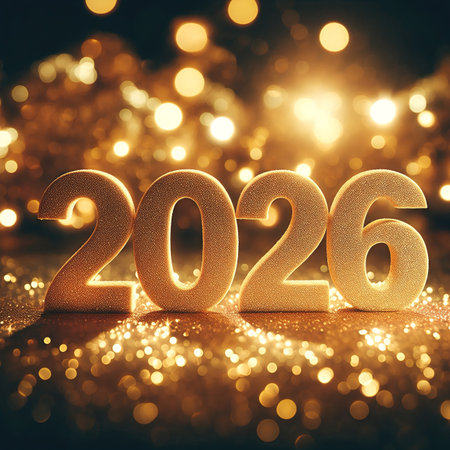 Against a background of black and gold sequins, there is the number 2026, made in a shiny gold finish, illuminated by light, creating an atmosphere of celebration and celebrationの素材