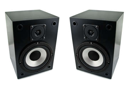 Two loud speakers isolated on white backgroundの写真素材