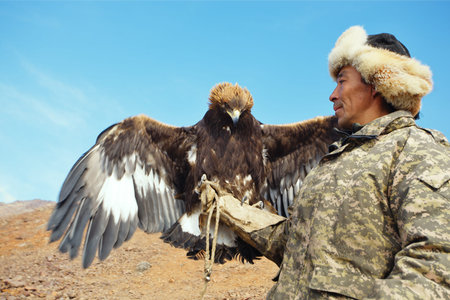 NURA, KAZAKHSTAN - FEBRUARY 23: Eagle on man's hand in Nura near Almaty on February 23, 2013 in...