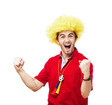 Football or soccer fan screaming with supporter attributes isolated on whiteの写真素材