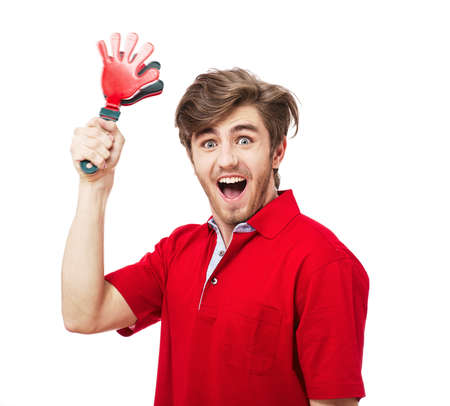 Football or soccer fan screaming with supporter attributes isolated on whiteの写真素材