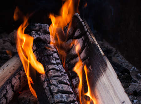 A campfire burns in a fire pitの写真素材