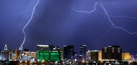 LAS VEGAS - JULY 27: Lightning from monsoonal storms streaks through the sky over the Las Vegas Strip on July 27, 2014.のeditorial素材