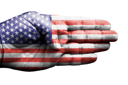 A hand embellished with the United States flag on white