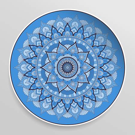 Beautiful decorative plate with round mandala. Blue ornament in ethnic style.のイラスト素材