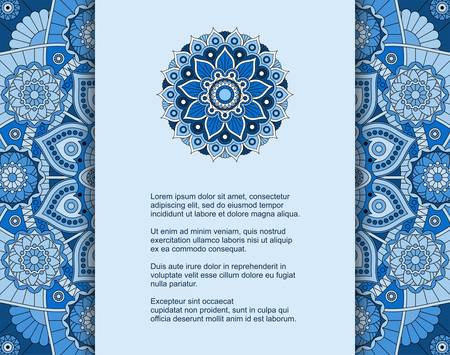 Template for card or invitation with ornament in ethnic style and place for text. Vector design with blue mandala pattern.のイラスト素材