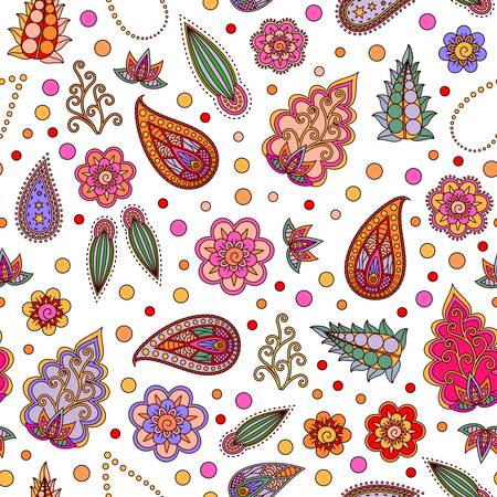Seamless pattern with bright stylized flowers and leaves on white backgroundのイラスト素材