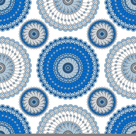 Seamless pattern with mandalas in blue and white colors. Vector design.のイラスト素材