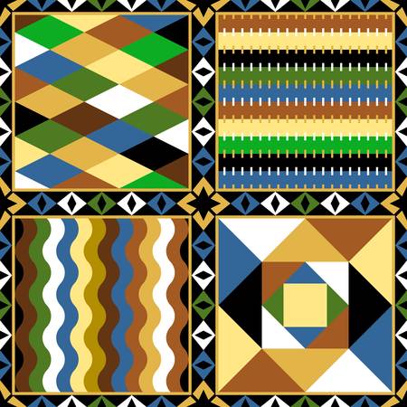 Colorful patchwork of four squares with different patterns. Vector design.のイラスト素材