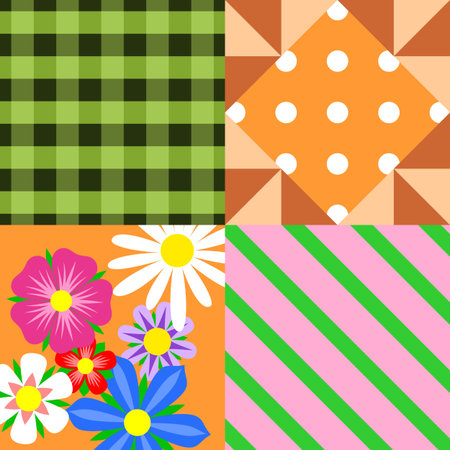 Bright patchwork with floral and geometric patterns. Vector design.