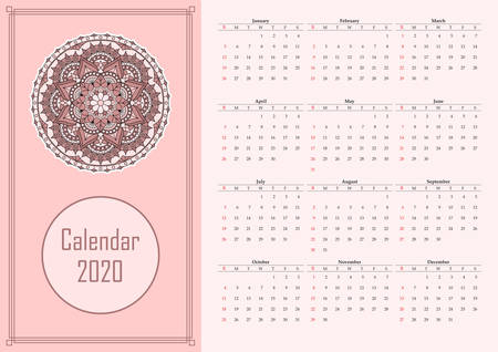 Calendar for 2020 year with mandala pattern on pink background. Week starts on sunday. Vector design.のイラスト素材
