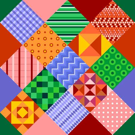 Seamless patchwork with abstract multicolored geometric patterns. Print for fabric and textile. Vector drawing.のイラスト素材