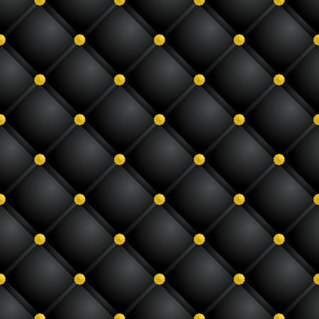 Seamless black leather texture with gold buttons. Furniture upholstery. Vector design.のイラスト素材