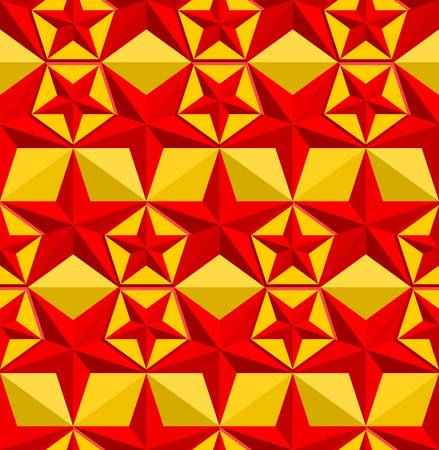 Abstract seamless relief pattern with red five-pointed stars on gold background. Vector design.のイラスト素材