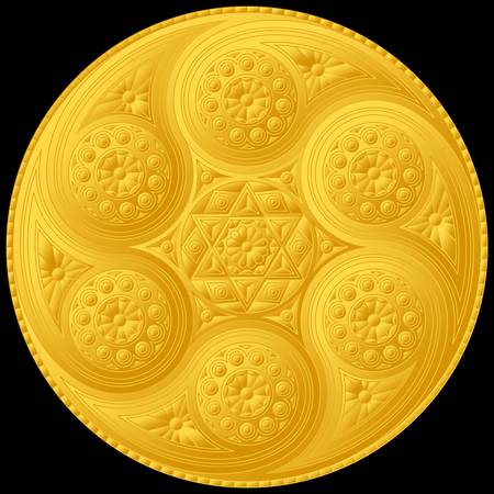 Round gold medallion with relief mandala. Luxurious vector drawing.のイラスト素材