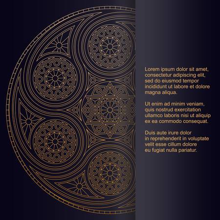 Template for card or invitation with golden lace mandala and place for text. Beautiful vector drawing with six-pointed stars.のイラスト素材