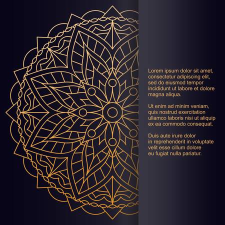 Template for card or invitation with golden floral mandala and place for text. Beautiful vector drawing.のイラスト素材