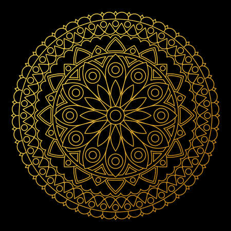 Round golden lace mandala with flower in center. Vector design with black background.のイラスト素材