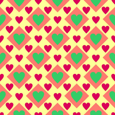 Seamless diagonal pattern with squares and hearts. Vector pattern.のイラスト素材