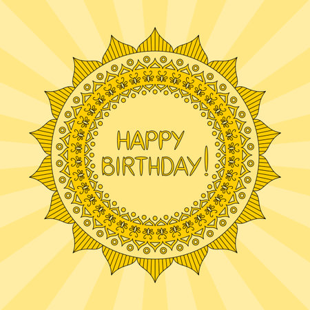 Happy Birthday card in pink colors with mandala pattern. Vector drawing.のイラスト素材