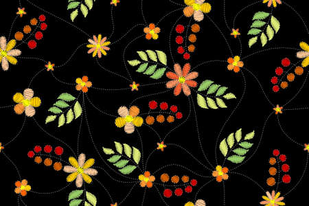 Beautiful seamless background with embroidered flowers and leaves. Fancy fabric print. Vector design.のイラスト素材