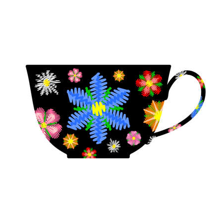 Elegant tea mug with floral pattern, isolated on white background. Vector design.のイラスト素材