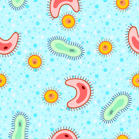 Bright seamless multicolored pattern with bacteria on bubble background. vector design.のイラスト素材