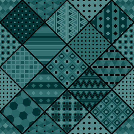 Patchwork with square geometric patterns in dark colors. vector drawing.のイラスト素材