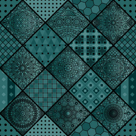 Patchwork with square geometric and mandala patterns. Vector design in dark colors.のイラスト素材
