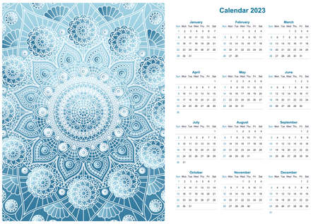 Calendar for 2023 year with mandala pattern in blue colors. Week starts on sunday.のイラスト素材