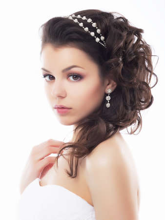 Portrait of beautiful young bride - isolated on white backgroundの写真素材
