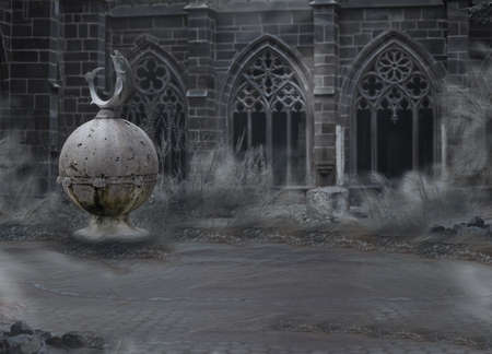 Horror. Medieval Mystic Spooky Castle with Archway in Dusk. Desolation in Mistの写真素材