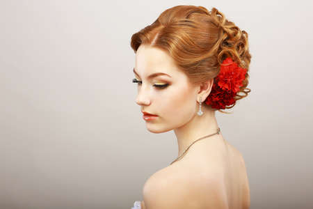 Daydream. Tenderness. Golden Hair Female with Red Flower. Platinum Shine Necklaceの写真素材
