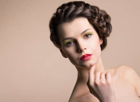 Retro Styling. Genuine Nostalgic Chic Woman with Plaited Brown Hair. Plaitの写真素材