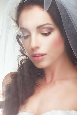 Wedding. Engagement.  Sentimental Likable Bride in Transparent Voileの写真素材