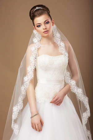 Elegance. Attractive Bride in Veil with Openwork Laceの写真素材