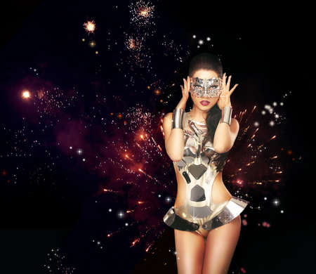 Firework. Woman over Festive Backrgound in Theatrical Costumeの写真素材