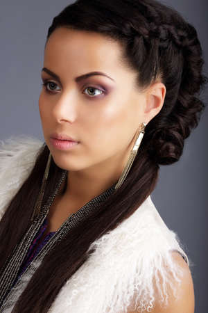 Profile of Brown Hair Woman with Braided Plaitの写真素材