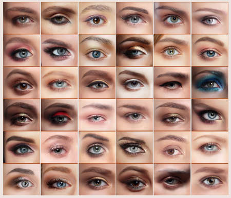 Collage of 36 closeup eyes images of women, with makeups. Eyebrow.の写真素材