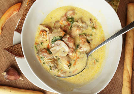 Cream soup with mushrooms and chicken.の写真素材