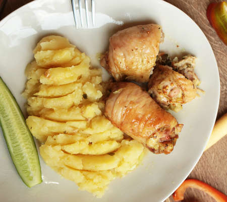 Chicken rolls,  with garnish of mashed potatoes.の写真素材