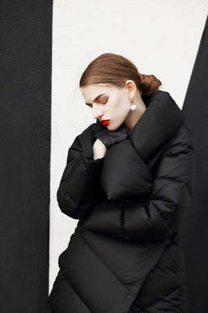 Portrait of a stylish woman in a black jacket. Fashion. Clothing.の写真素材